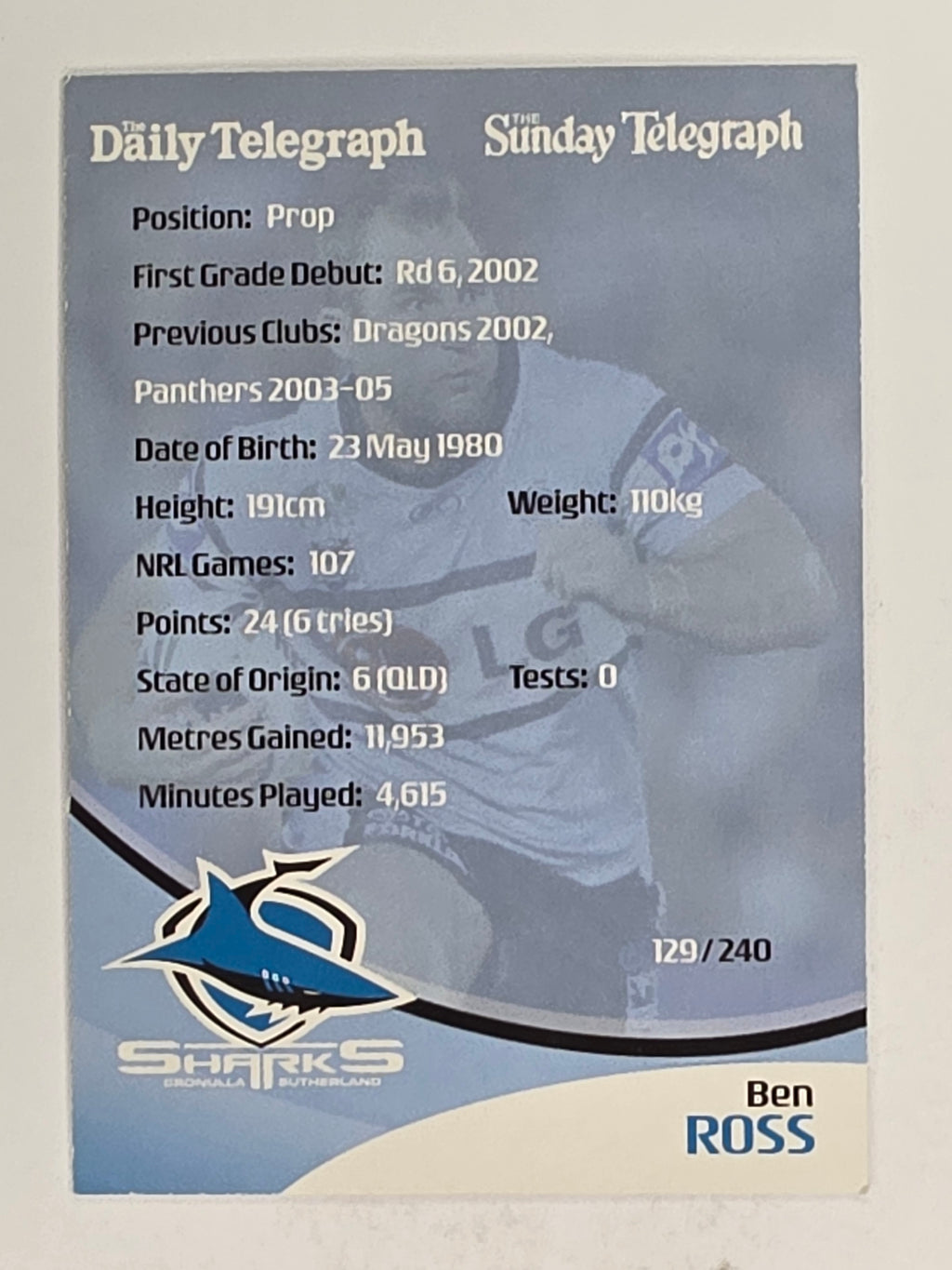 NRL 2009 Daily Telegraph | FOIL #129 | Ben Ross | Cronulla Sutherland Sharks