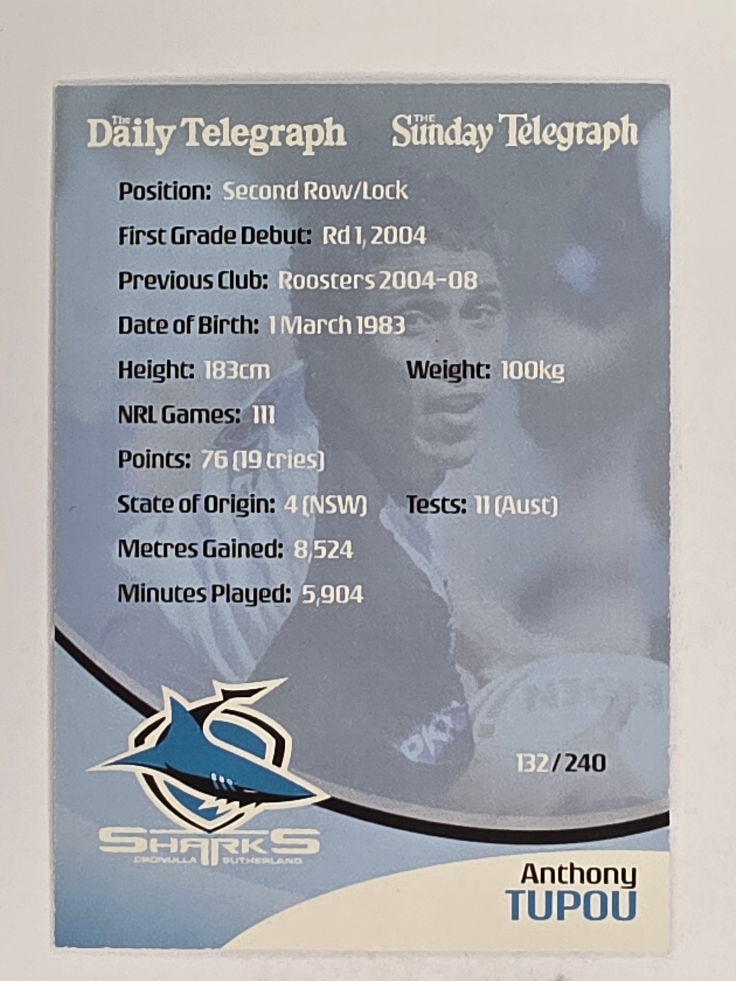 NRL 2009 Daily Telegraph | FOIL #132 | Anthony Tupou | Cronulla Sutherland Sharks