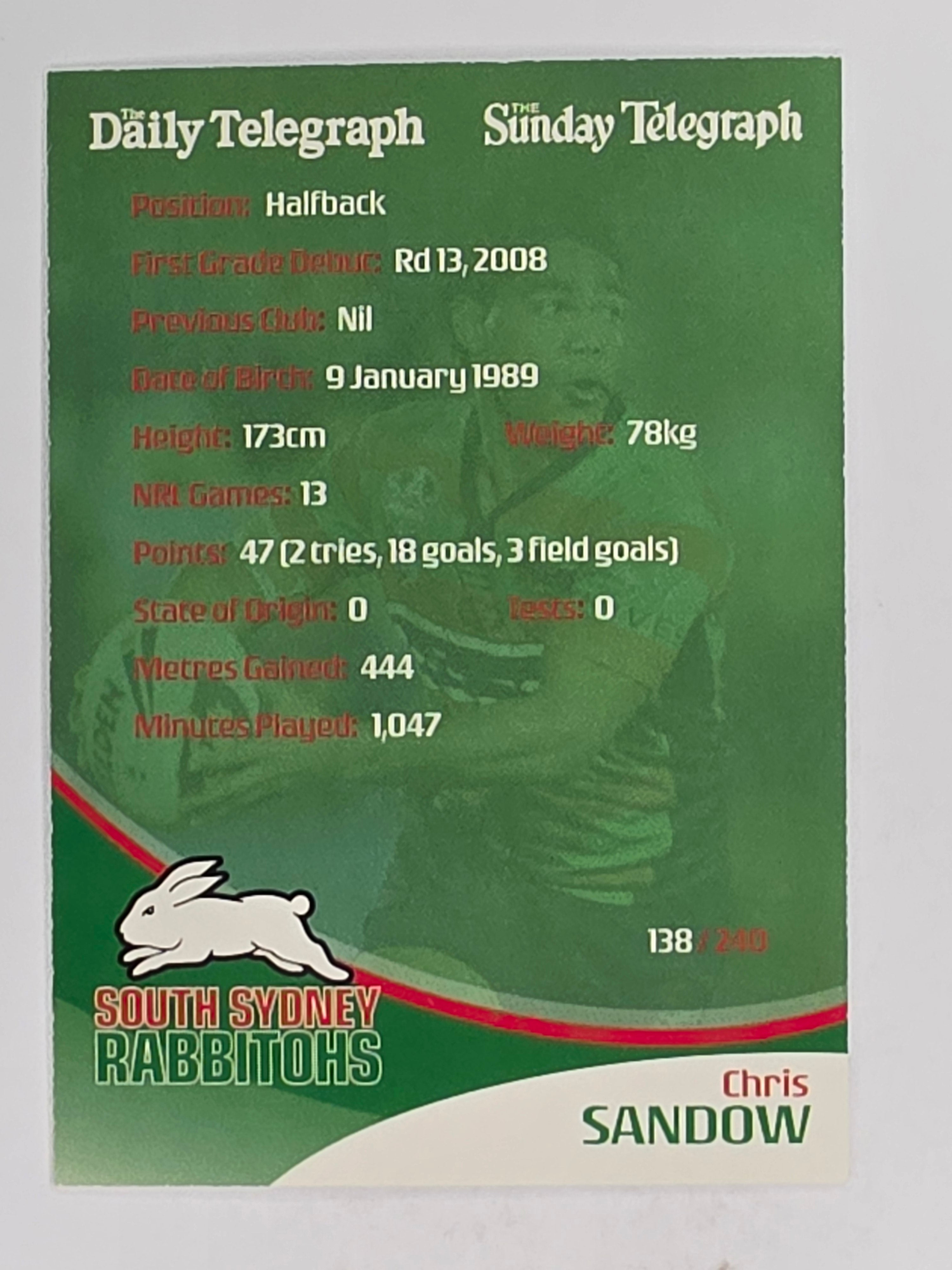 NRL 2009 Daily Telegraph | FOIL #138 | Chris Sandow | South Sydney Rabbitohs