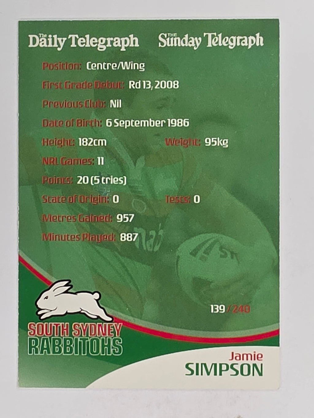 NRL 2009 Daily Telegraph | FOIL #139 | Jamie Simpson | South Sydney Rabbitohs