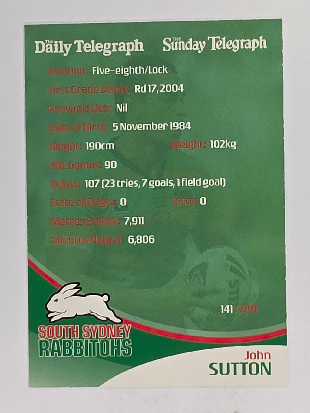 NRL 2009 Daily Telegraph | FOIL #141 | John Sutton | South Sydney Rabbitohs
