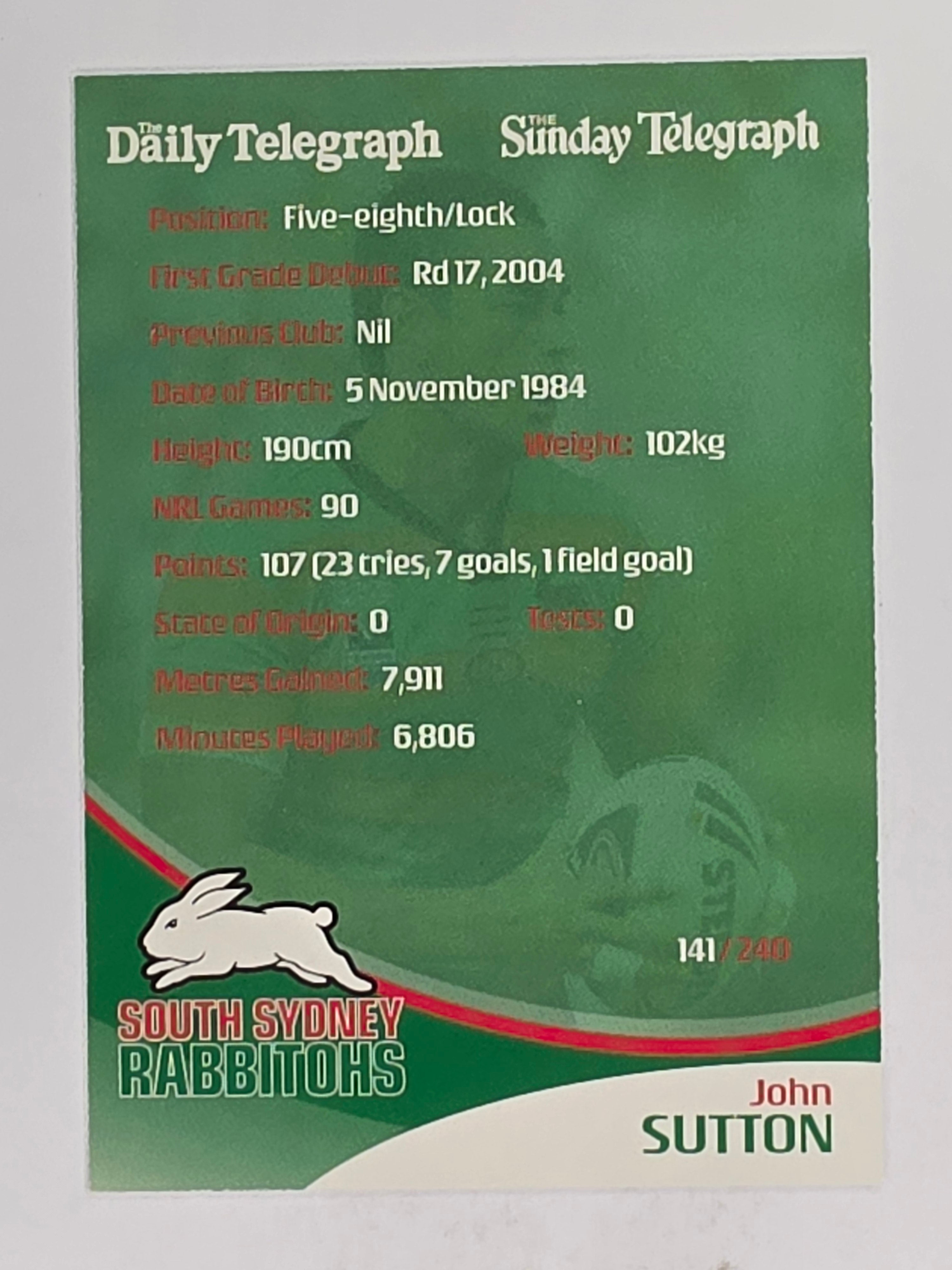 NRL 2009 Daily Telegraph | FOIL #141 | John Sutton | South Sydney Rabbitohs
