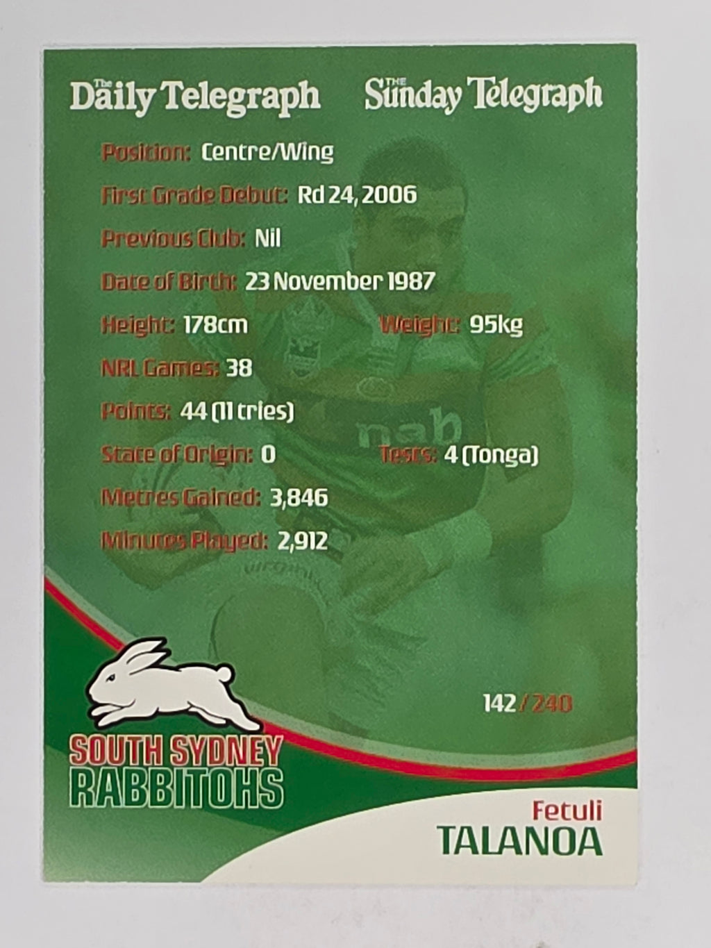 NRL 2009 Daily Telegraph | FOIL #142 | Fetuli Talanoa | South Sydney Rabbitohs