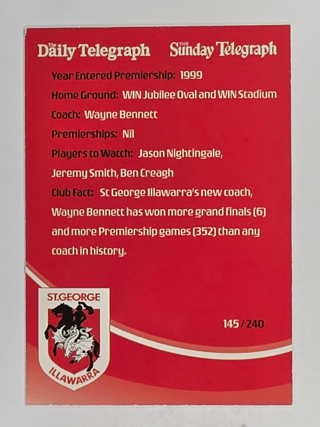 NRL 2009 Daily Telegraph | FOIL #145 | Logo | St George Illawarra Dragons
