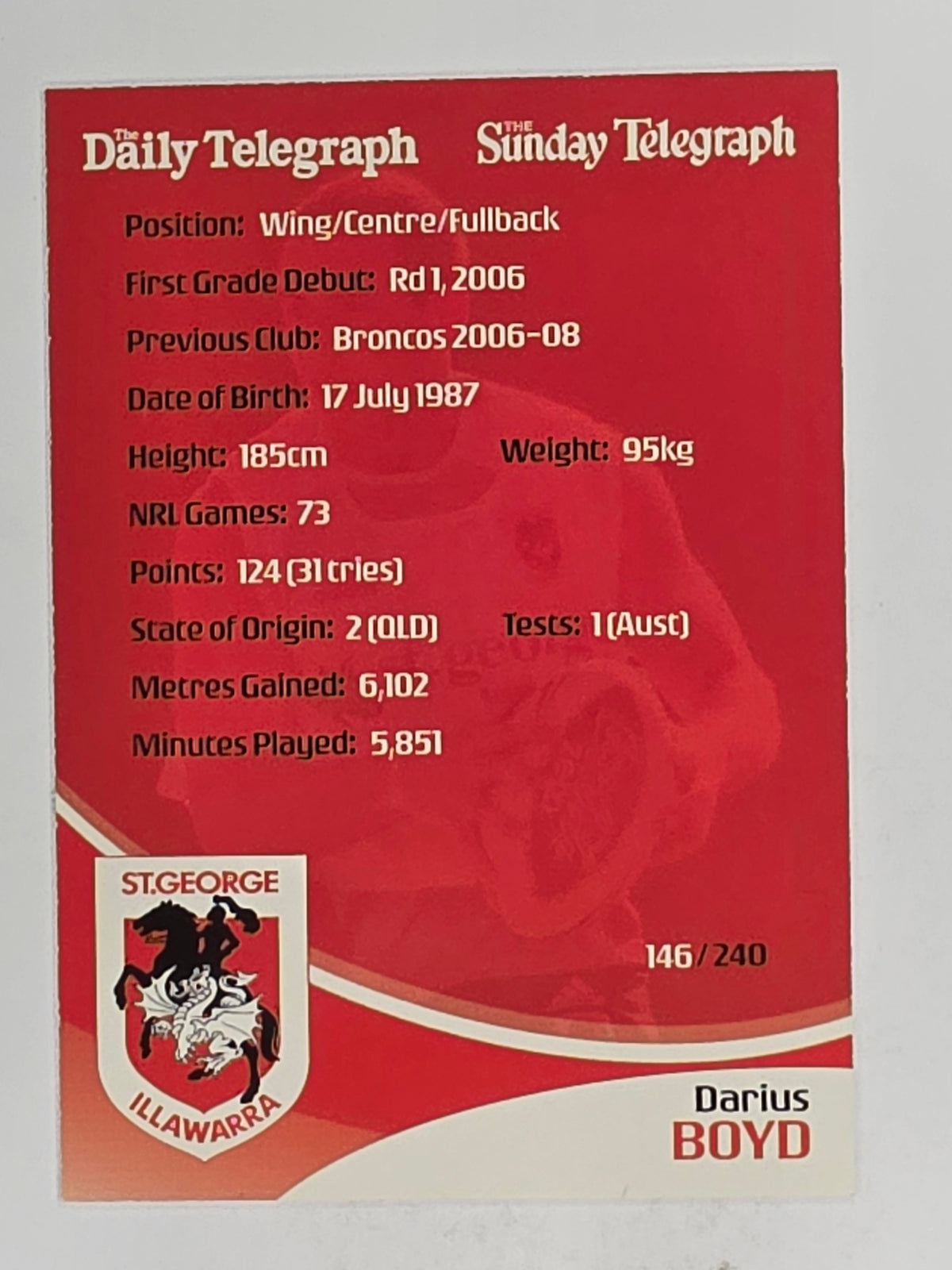 NRL 2009 Daily Telegraph | FOIL #146 | Darius Boyd | St George Illawarra Dragons