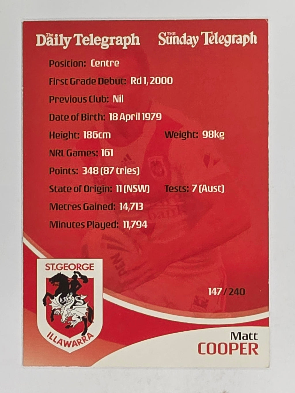 NRL 2009 Daily Telegraph | FOIL #147 | Matt Cooper | St George Illawarra Dragons