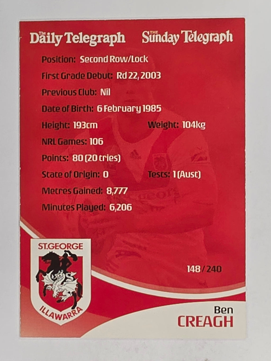 NRL 2009 Daily Telegraph | FOIL #148 | Ben Creagh | St George Illawarra Dragons