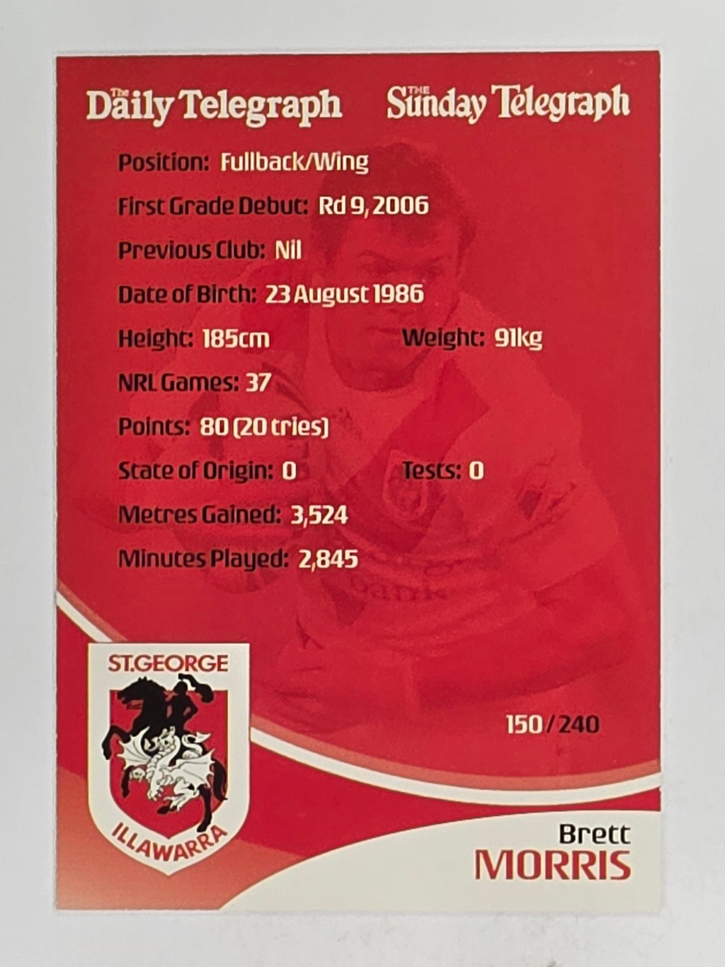 NRL 2009 Daily Telegraph | FOIL #150 | Brett Morris | St George Illawarra Dragons