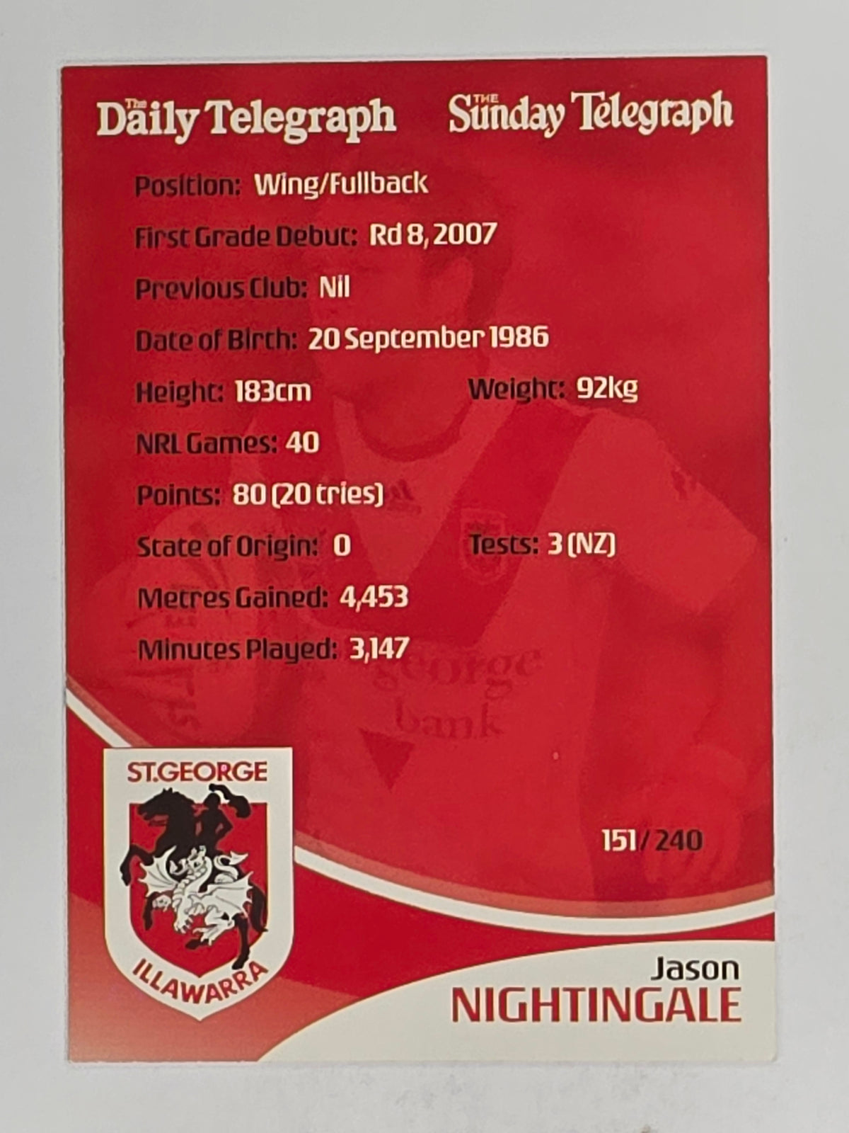 NRL 2009 Daily Telegraph | FOIL #151 | Jason Nightingale | St George Illawarra Dragons
