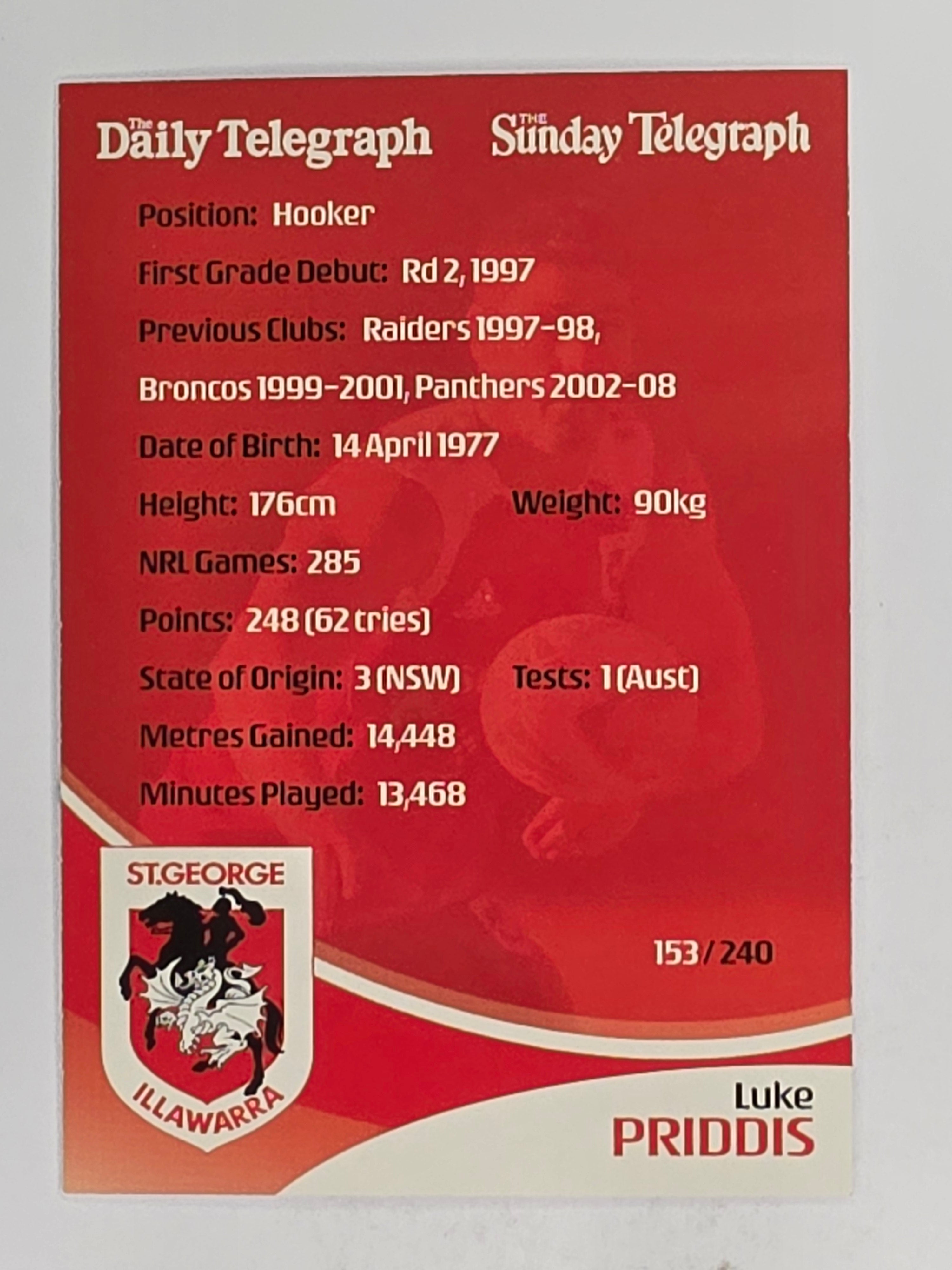NRL 2009 Daily Telegraph | FOIL #153 | Luke Priddis | St George Illawarra Dragons