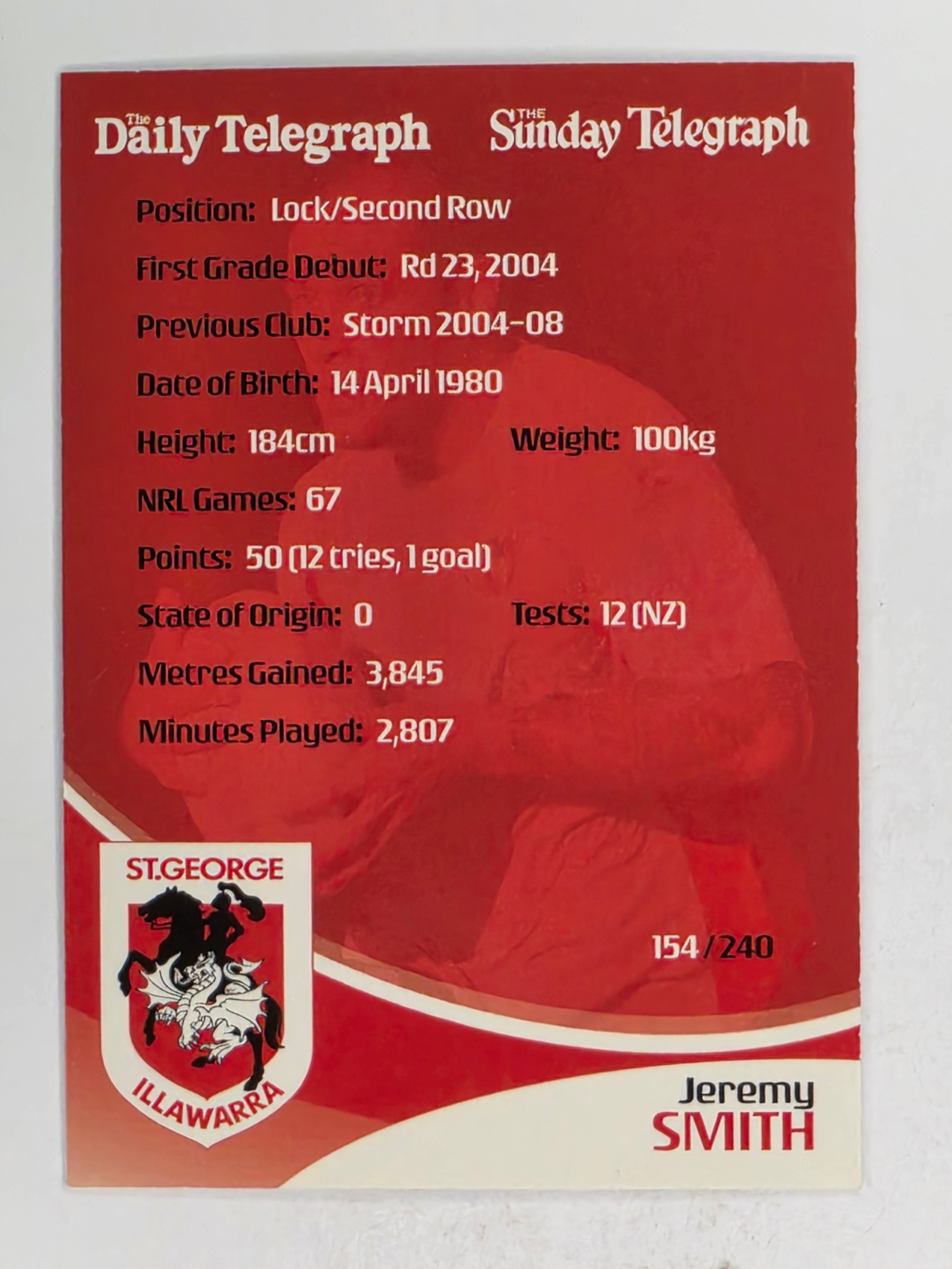 NRL 2009 Daily Telegraph | FOIL #154 | Jeremy Smith | St George Illawarra Dragons