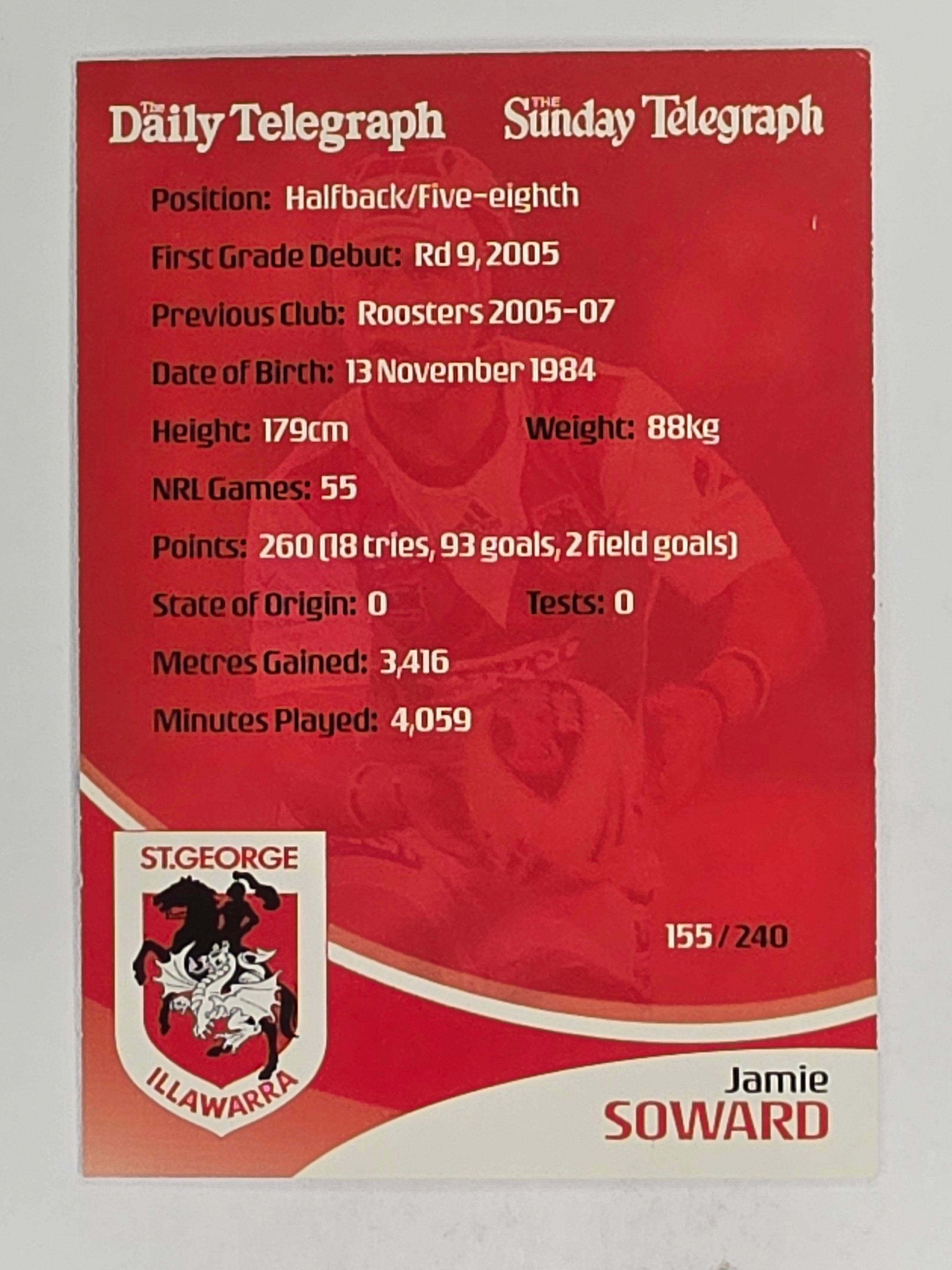 NRL 2009 Daily Telegraph | FOIL #155 | Jamie Soward | St George Illawarra Dragons