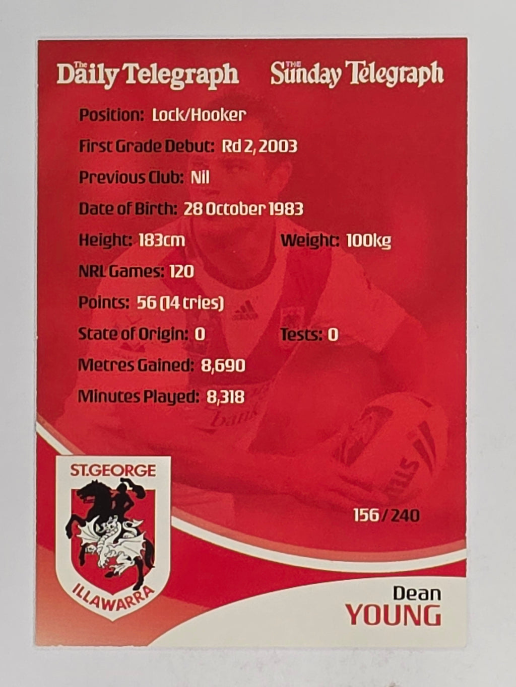 NRL 2009 Daily Telegraph | FOIL #156 | Dean Young | St George Illawarra Dragons