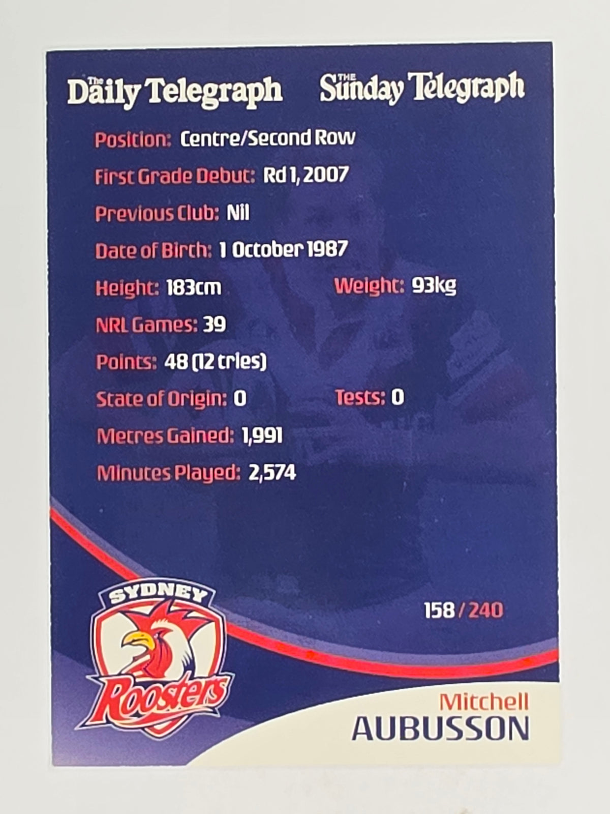 NRL 2009 Daily Telegraph | FOIL #158 | Mitchell Aubusson | Sydney Roosters