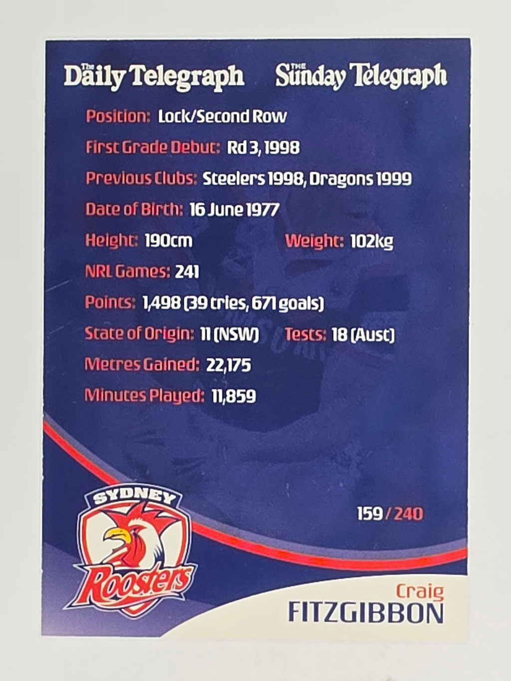 NRL 2009 Daily Telegraph | FOIL #159 | Craig Fitzgibbon | Sydney Roosters