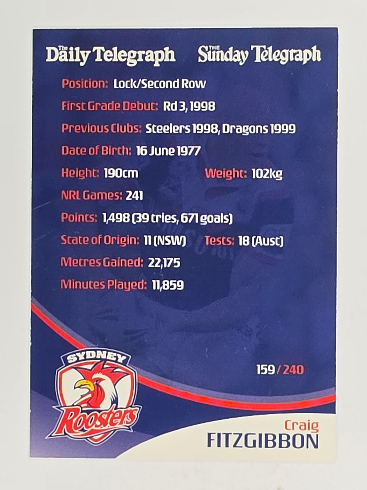 NRL 2009 Daily Telegraph | FOIL #159 | Craig Fitzgibbon | Sydney Roosters