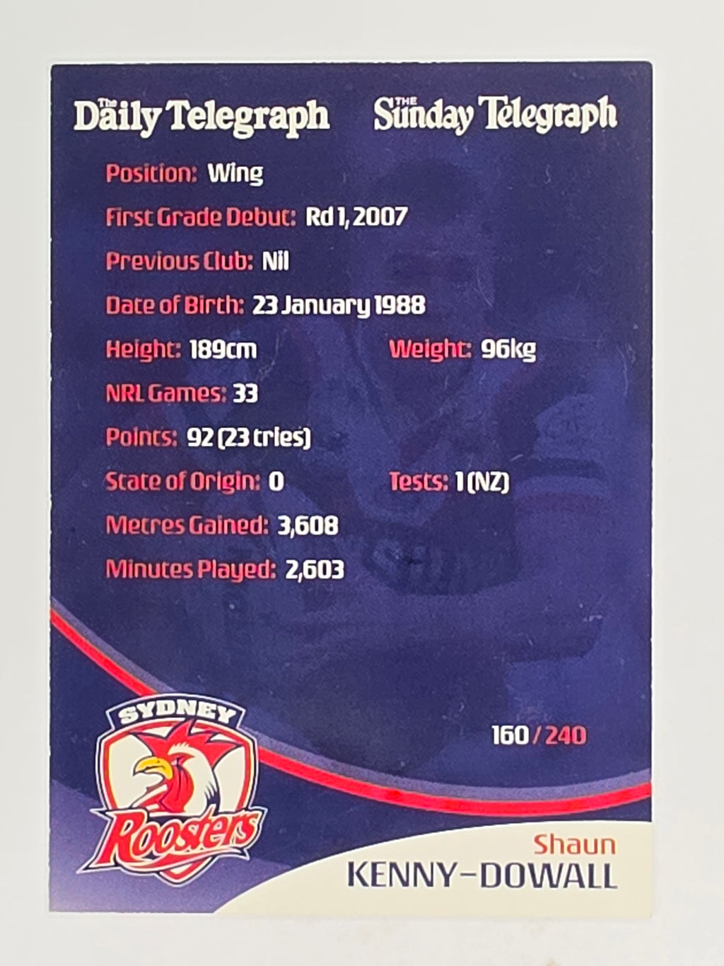 NRL 2009 Daily Telegraph | FOIL #160 | Shaun Kenny-Dowall | Sydney Roosters