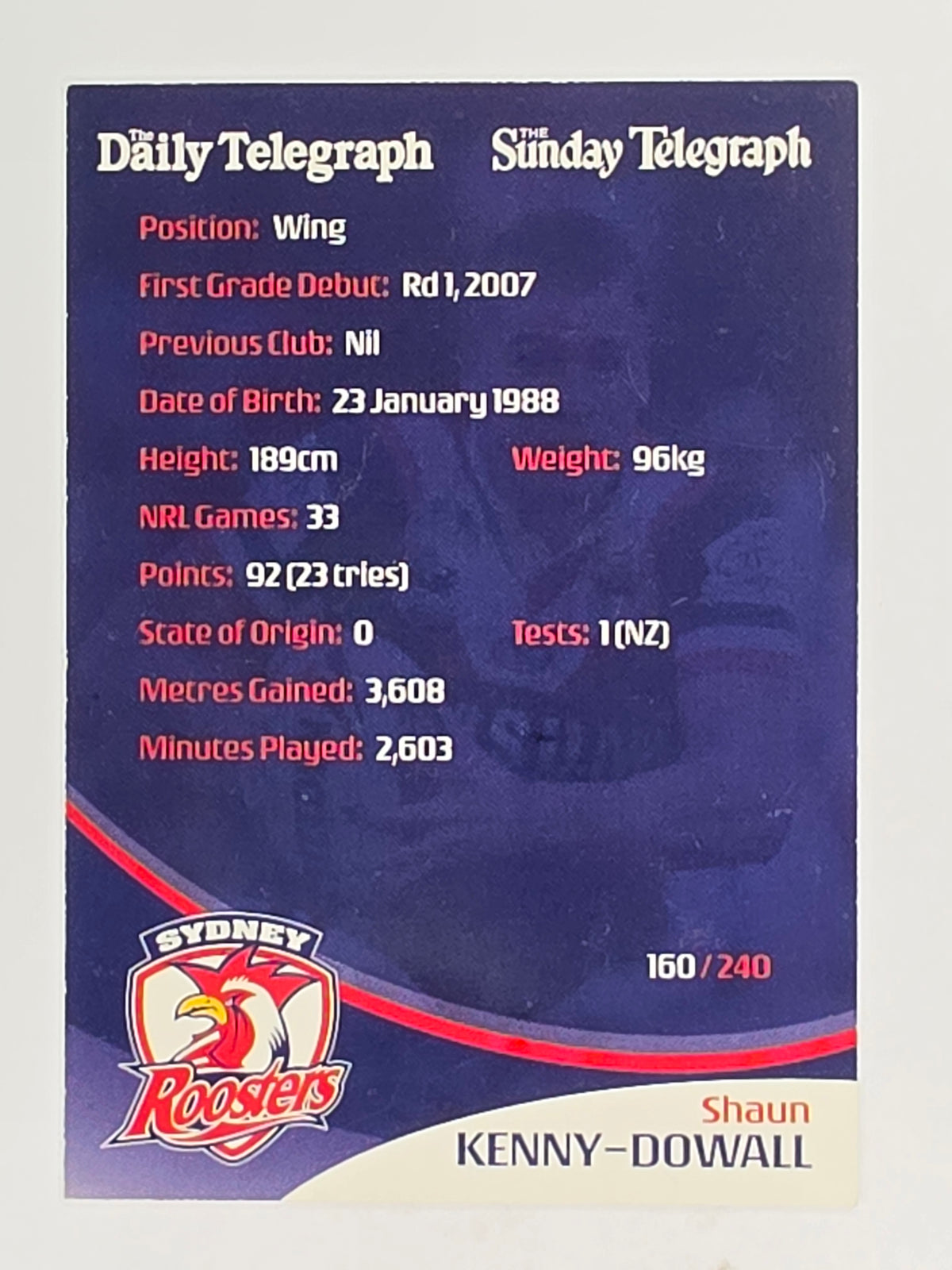 NRL 2009 Daily Telegraph | FOIL #160 | Shaun Kenny-Dowall | Sydney Roosters