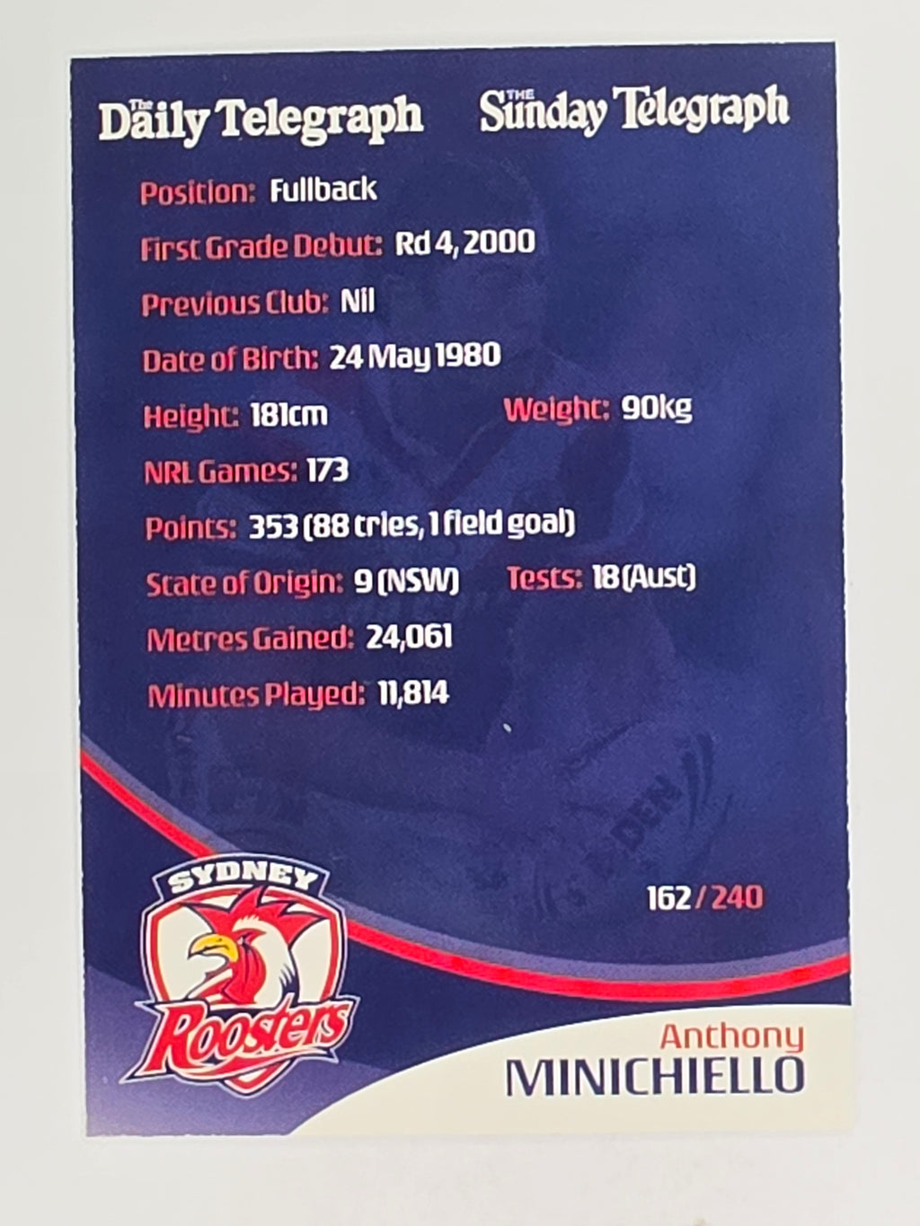 NRL 2009 Daily Telegraph | FOIL #162 | Anthony Minichiello | Sydney Roosters