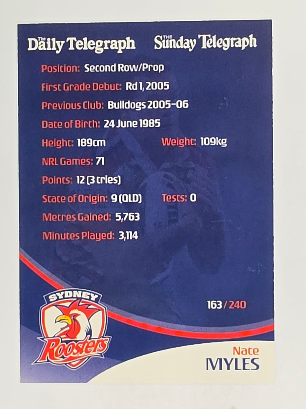 NRL 2009 Daily Telegraph | FOIL #163 | Nate Myles | Sydney Roosters