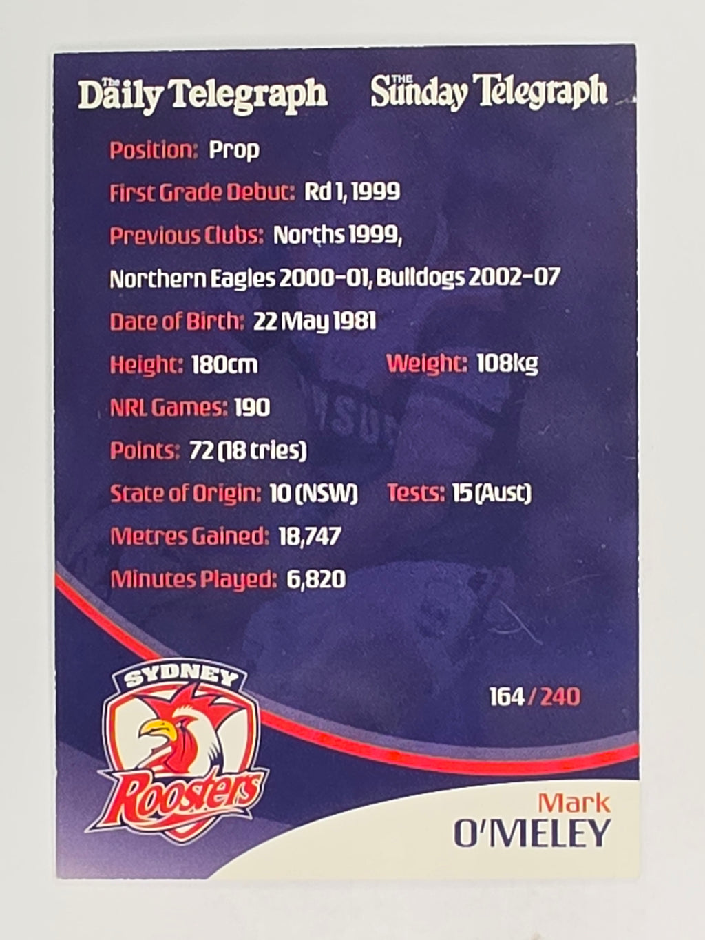 NRL 2009 Daily Telegraph | FOIL #164 | Mark O'Meley | Sydney Roosters
