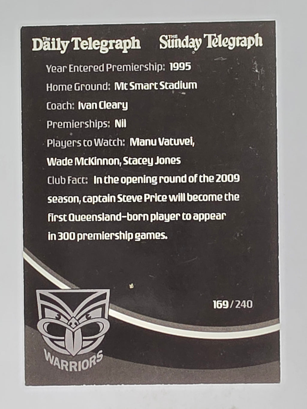 NRL 2009 Daily Telegraph | FOIL #169 | Logo | New Zealand Warriors