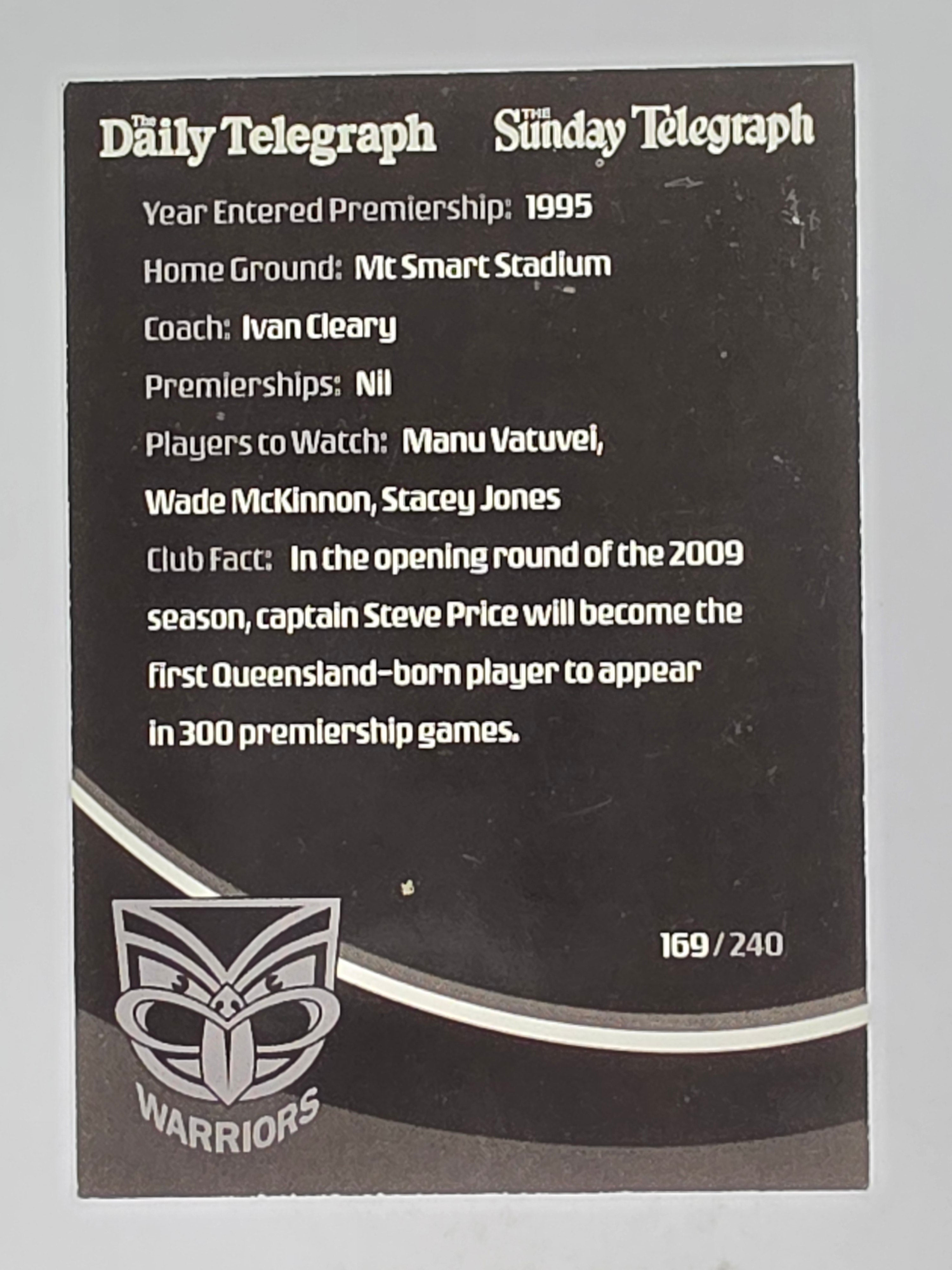 NRL 2009 Daily Telegraph | FOIL #169 | Logo | New Zealand Warriors