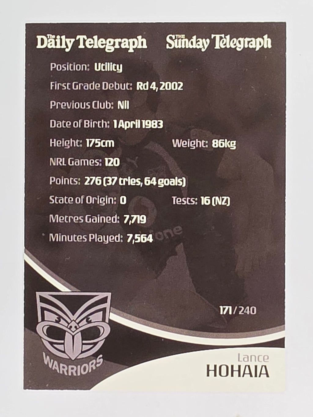 NRL 2009 Daily Telegraph | FOIL #171 | Lance Hohaia | New Zealand Warriors