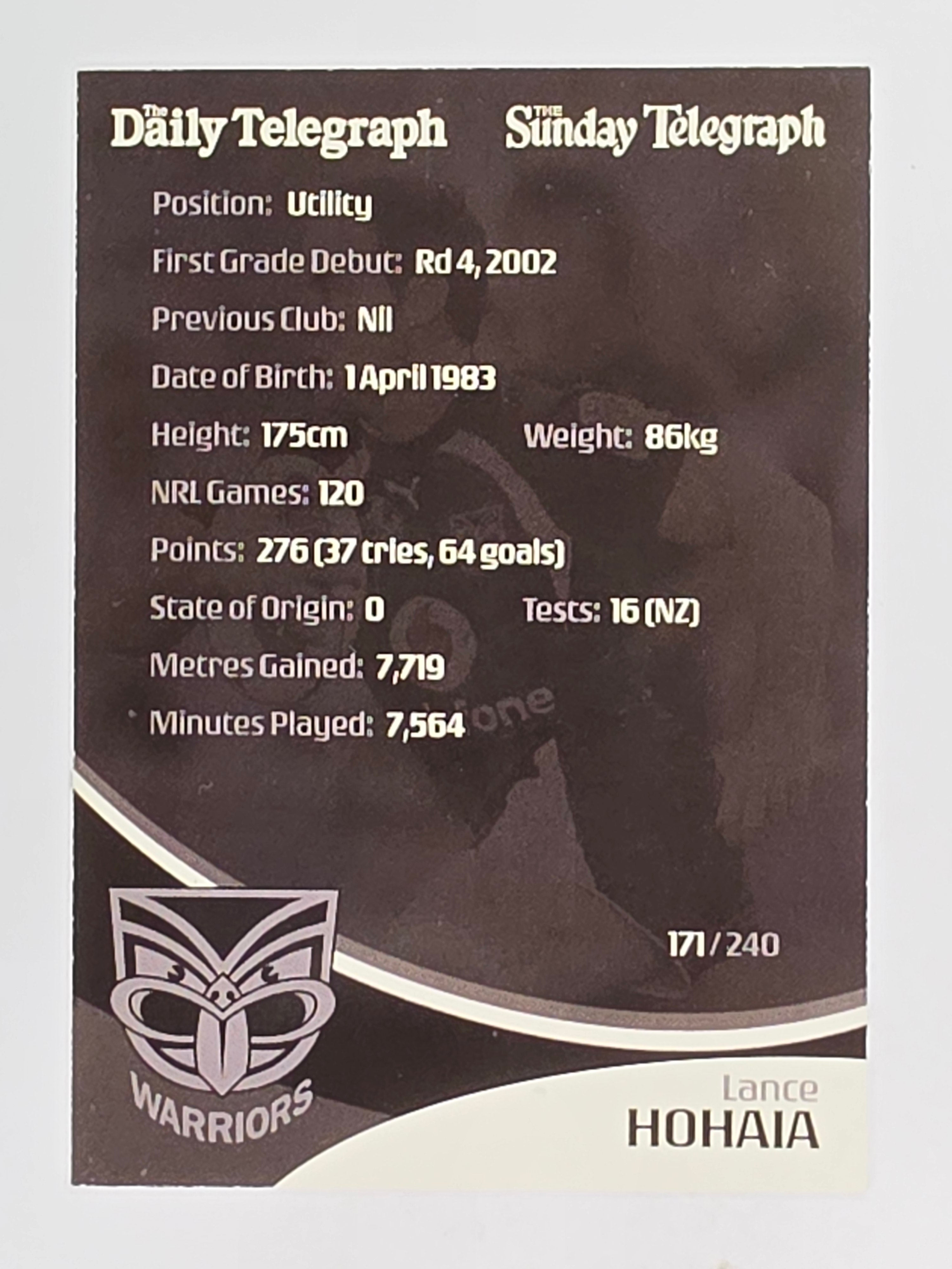 NRL 2009 Daily Telegraph | FOIL #171 | Lance Hohaia | New Zealand Warriors
