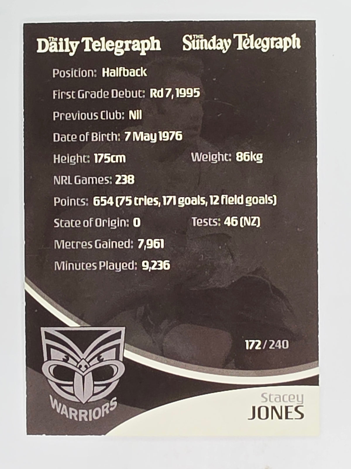 NRL 2009 Daily Telegraph | FOIL #172 | Stacey Jones | New Zealand Warriors
