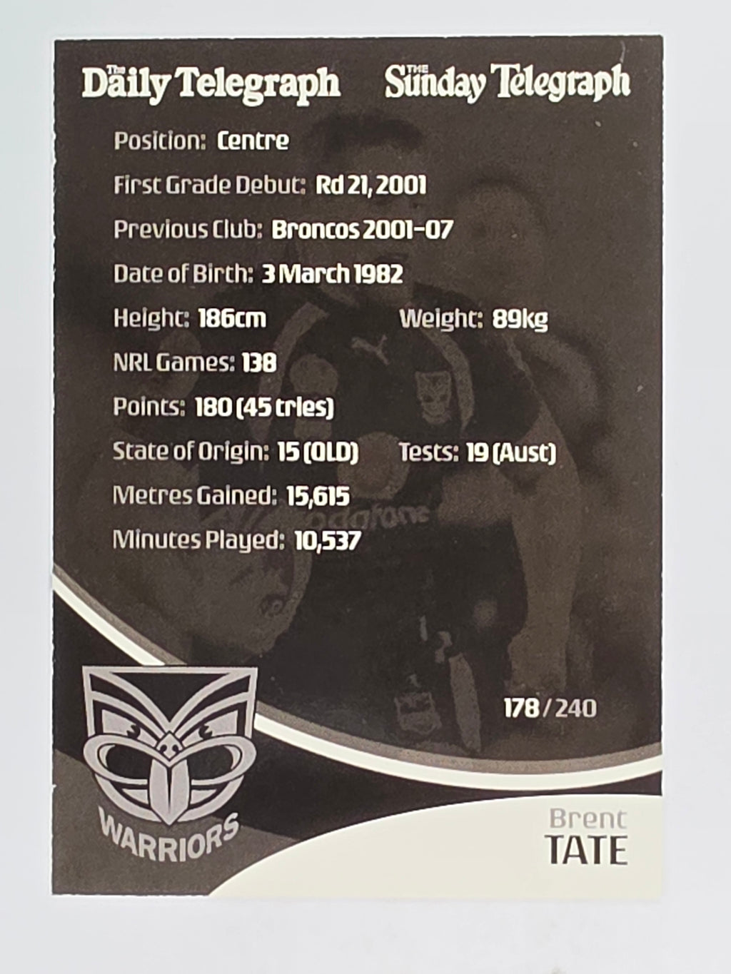 NRL 2009 Daily Telegraph | FOIL #178 | Brent Tate | New Zealand Warriors