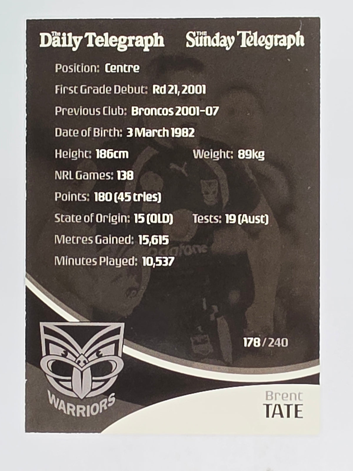 NRL 2009 Daily Telegraph | FOIL #178 | Brent Tate | New Zealand Warriors