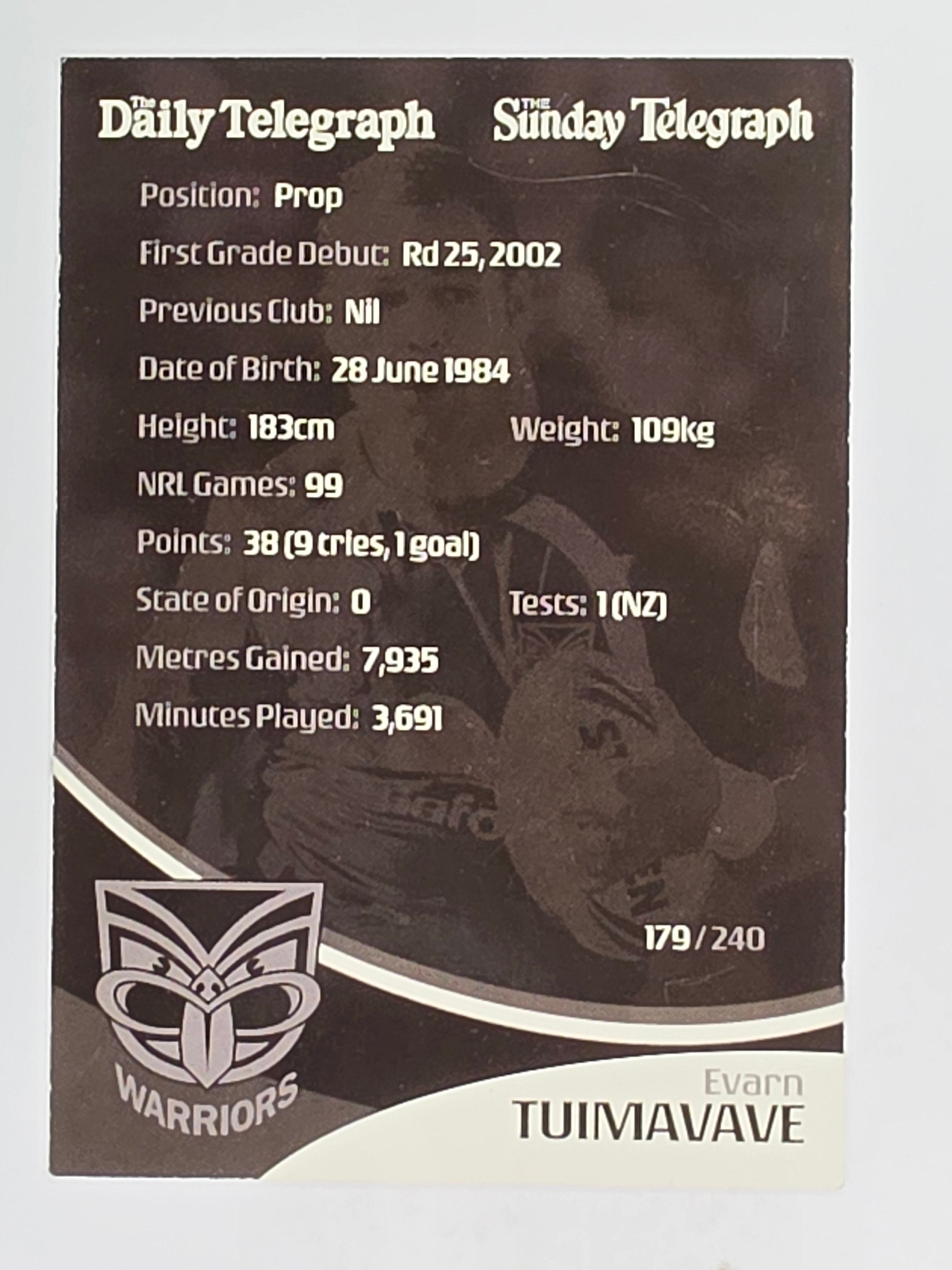 NRL 2009 Daily Telegraph | FOIL #179 | Evarn Tuimavave | New Zealand Warriors