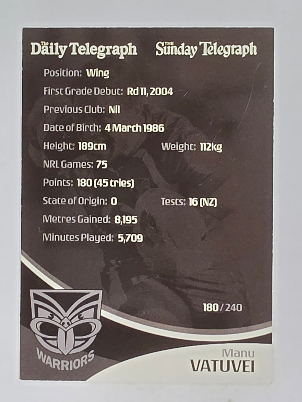 NRL 2009 Daily Telegraph | FOIL #180 | Manu Vatuvei | New Zealand Warriors