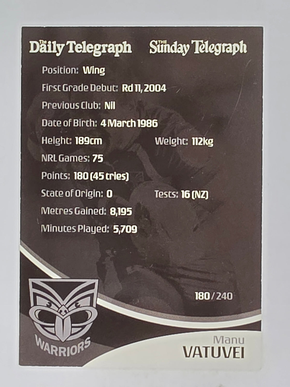 NRL 2009 Daily Telegraph | FOIL #180 | Manu Vatuvei | New Zealand Warriors