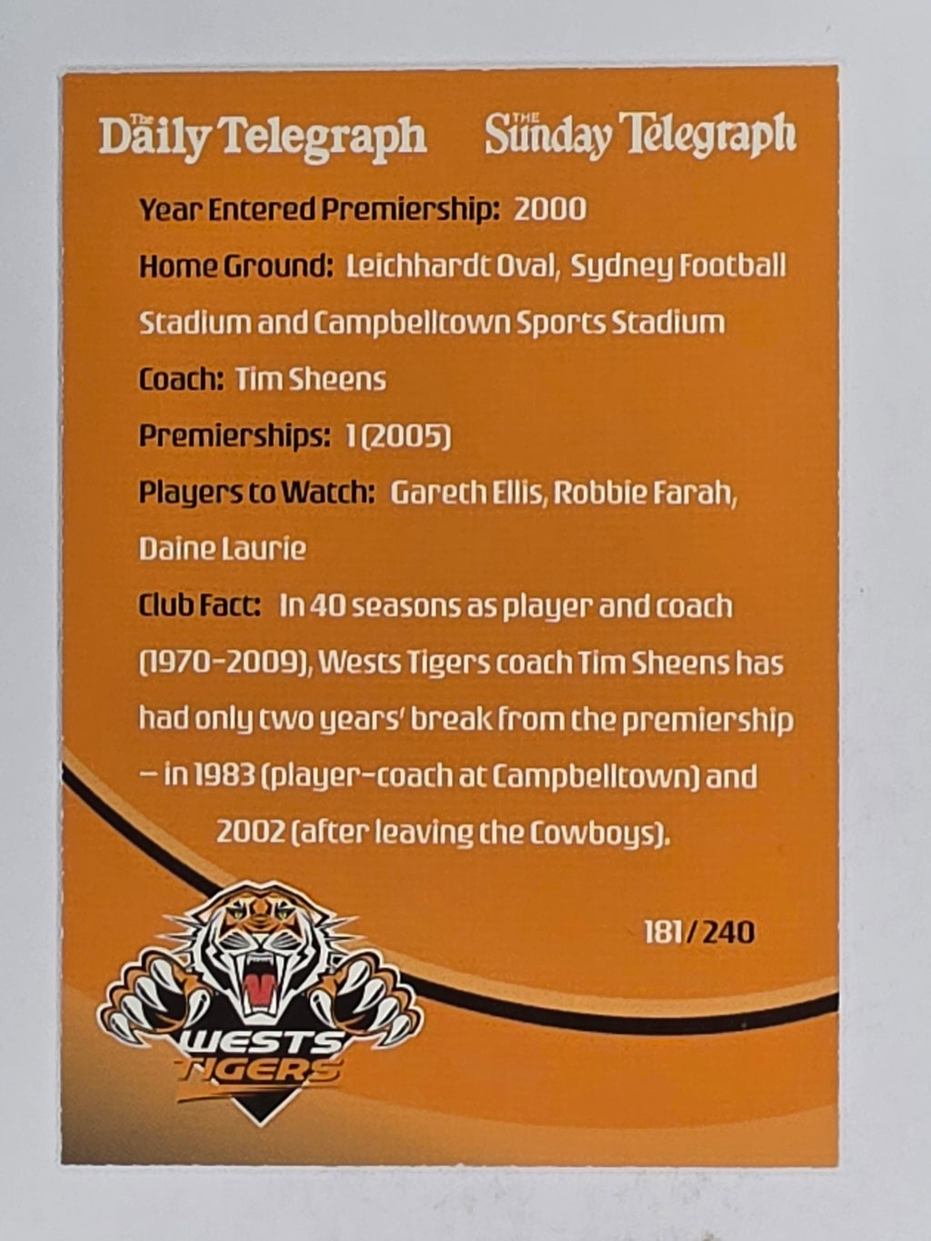 NRL 2009 Daily Telegraph | FOIL #181 | Logo | Wests Tigers