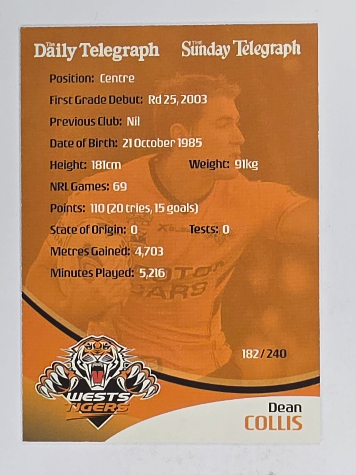 NRL 2009 Daily Telegraph | FOIL #182 | Dean Collis | Wests Tigers