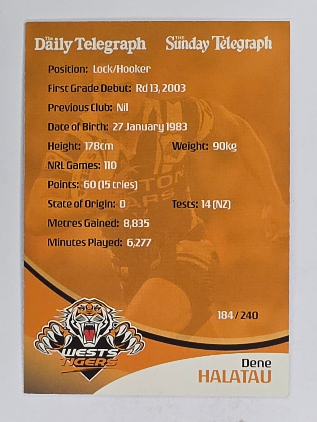 NRL 2009 Daily Telegraph | FOIL #184 | Dene Halatau | Wests Tigers