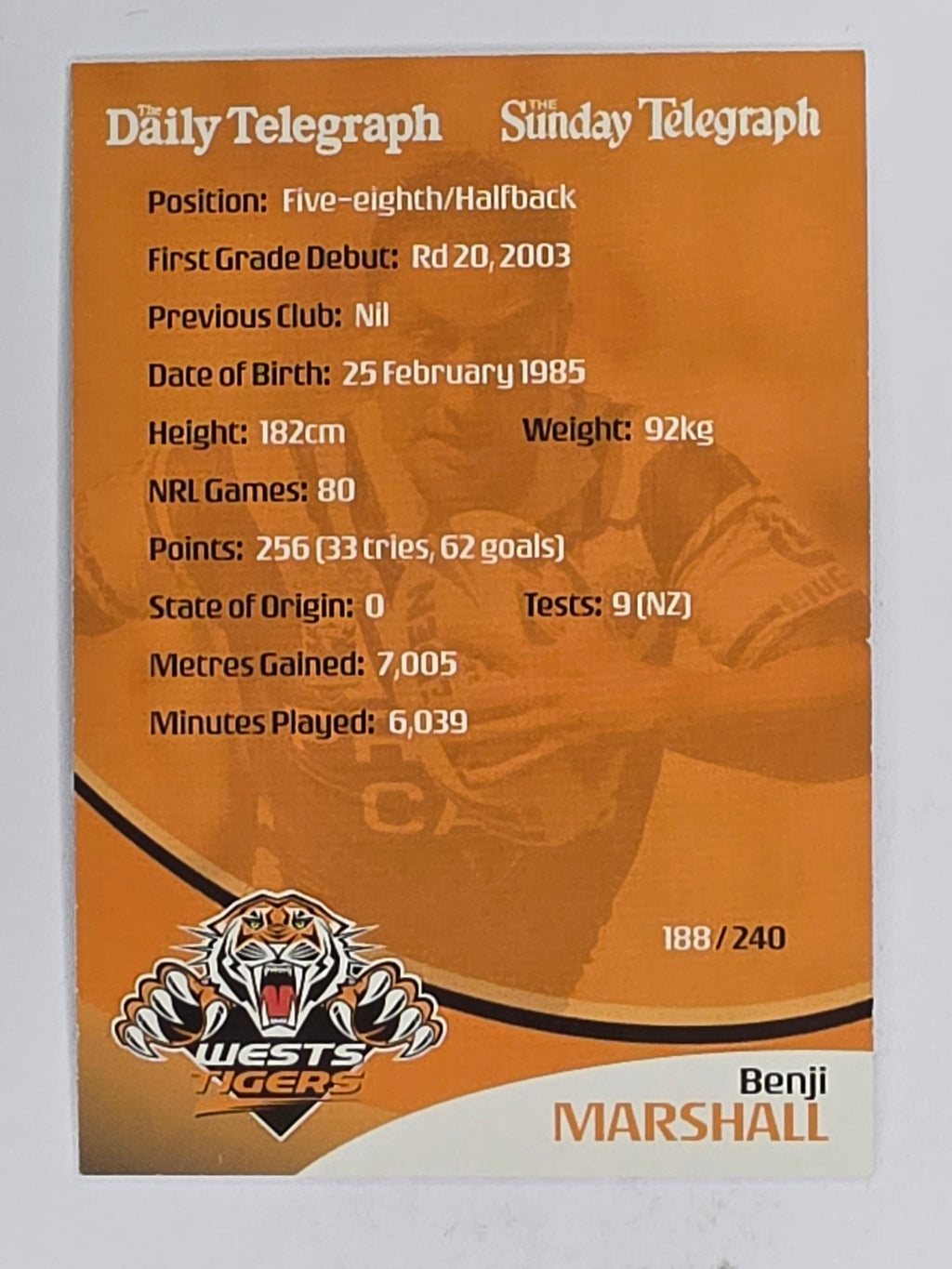 NRL 2009 Daily Telegraph | FOIL #188 | Benji Marshall | Wests Tigers