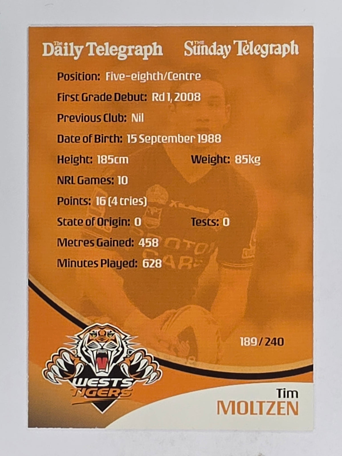 NRL 2009 Daily Telegraph | FOIL #189 | Tim Moltzen | Wests Tigers