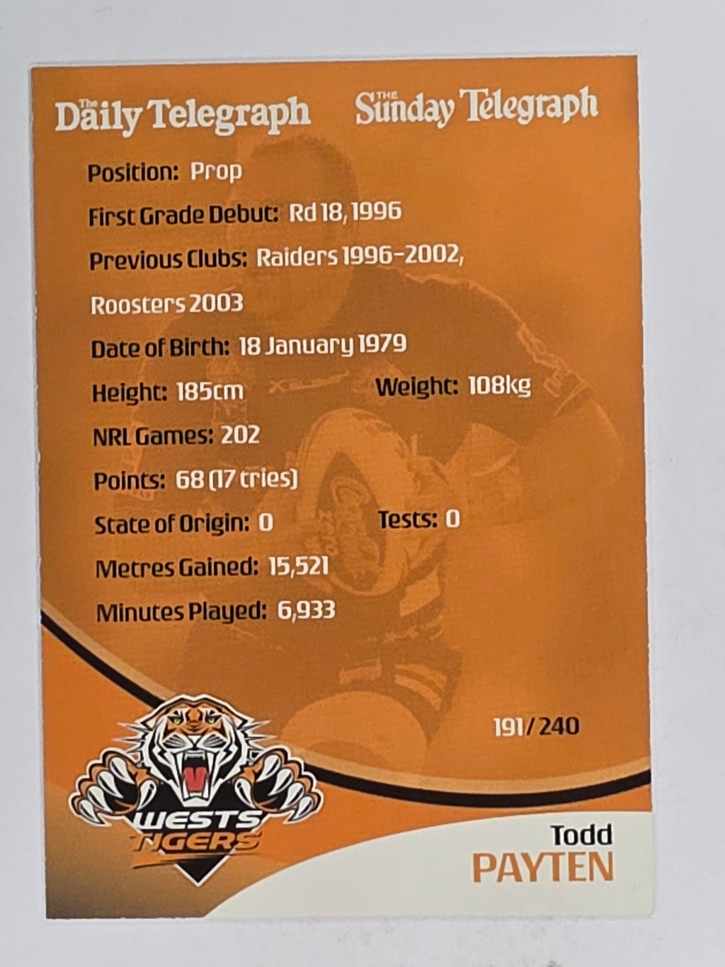 NRL 2009 Daily Telegraph | FOIL #191 | Todd Payten | Wests Tigers