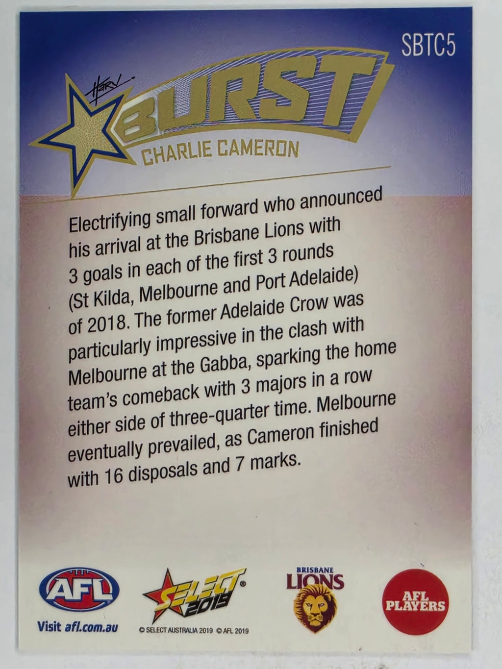 AFL 2019 Footy Stars | Starburst Caricatures Team | #SBTC5 | Charlie Cameron | Brisbane Lions