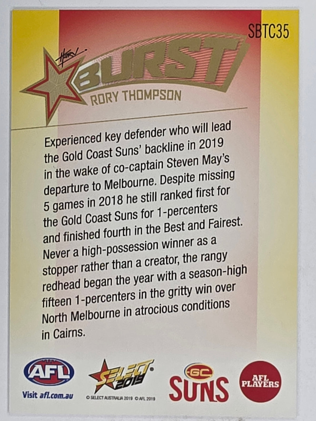 AFL 2019 Footy Stars | Starburst Caricatures Team | #SBTC35 | Rory Thompson | Gold Coast Suns