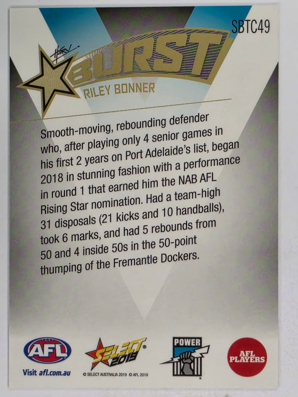 AFL 2019 Footy Stars | Starburst Caricatures Team | #SBTC49 | Riley Bonner | Port Adelaide