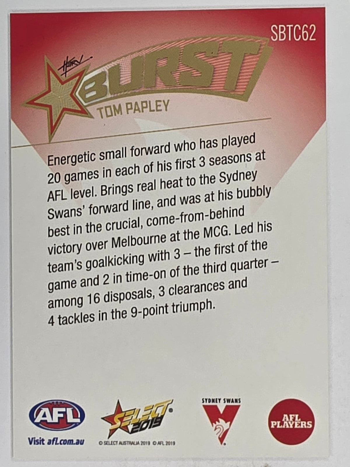 AFL 2019 Footy Stars | Starburst Caricatures Team | #SBTC62 | Tom Papley | Sydney Swans