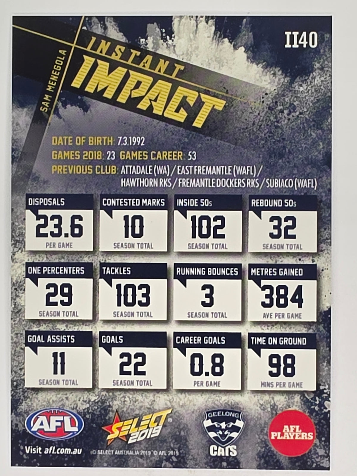 AFL 2019 Footy Stars | Instant Impact | #II40 | Sam Menegola | Geelong Cats
