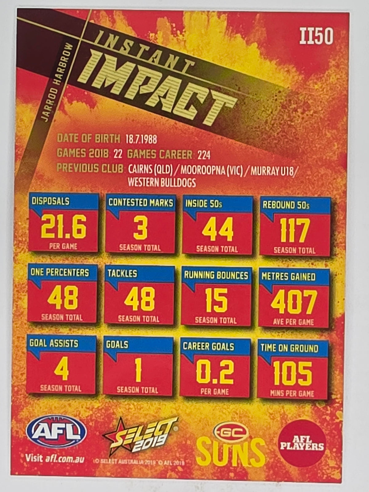 AFL 2019 Footy Stars | Instant Impact | #II50 | Jarrod Harbrow | Gold Coast Suns