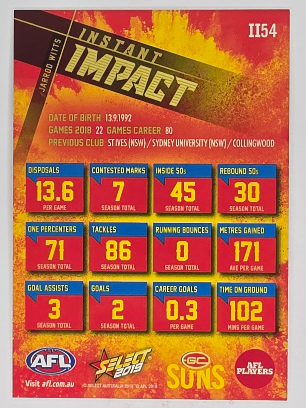 AFL 2019 Footy Stars | Instant Impact | #II54 | Jarrod Witts | Gold Coast Suns