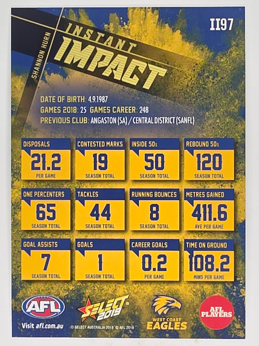 AFL 2019 Footy Stars | Instant Impact | #II97 | Shannon Hurn | West Coast Eagles