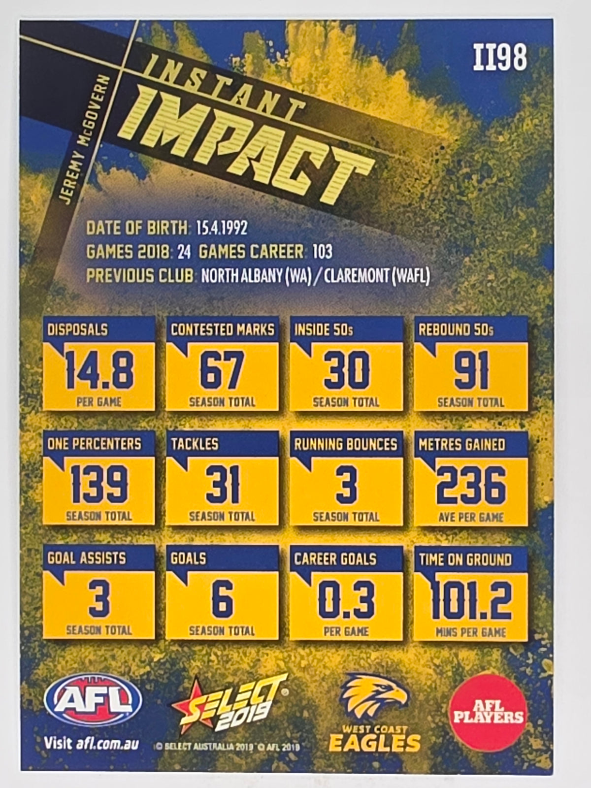AFL 2019 Footy Stars | Instant Impact | #II98 | Jeremy McGovern | West Coast Eagles